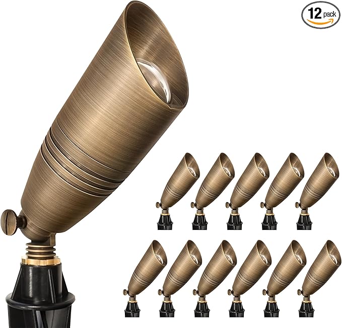 GKOLED 12-Pack Solid Brass Landscape Spotlight 12V AC/DC Low Voltage Landscape Lights Outdoor Directional LED Uplight Waterproof Fixture with ABS Ground Spike Garden Spot Up Light Without Bulb