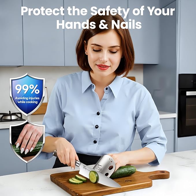 Finger Guards for Cutting Food Protects Women’s Fingers and Nails Ideal Gift for Her Mom or Wife 2 Stainless Steel Finger Protectors with Herb Stripper Adjustable Size