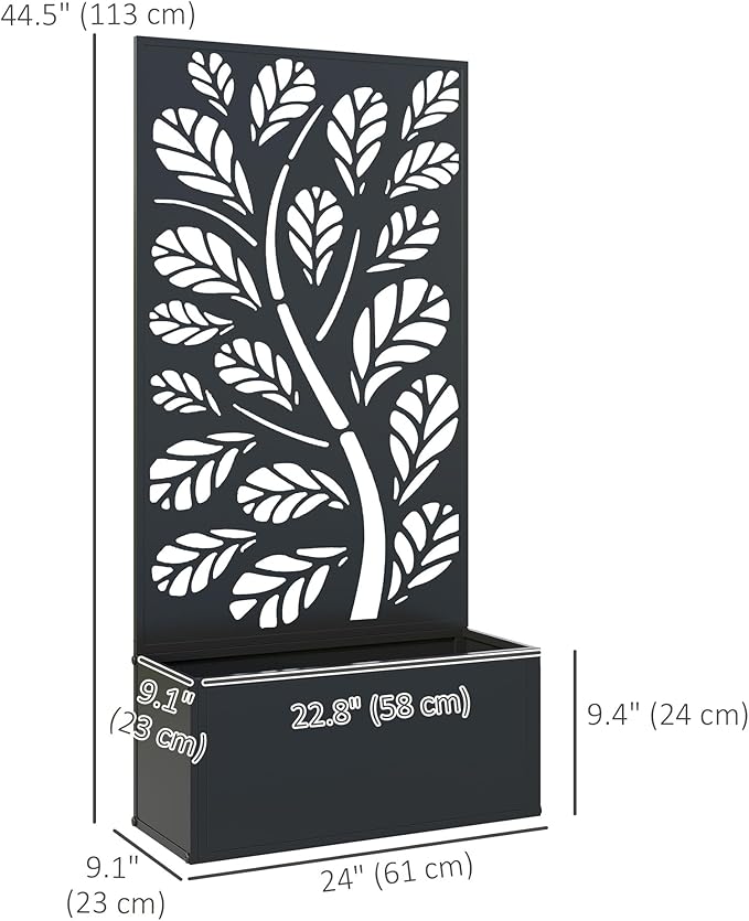 Outsunny Metal Raised Garden Bed with Trellis for Climbing Plants Freestanding or Wall Mounted Flower Bed with Privacy Panel Twigs and Leaves Cut-Outs Outdoor Planter Box for Garden Patio Balcony