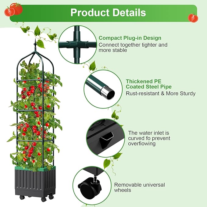 Raised Garden Bed Planter Boxes with Trellis1pcs 70.9Self-Watering Tomato Planter Boxes with Trellis for Climbing Vegetables Plants Flowers Tomato with WheelsUse for Indoor Outdoor (Black)