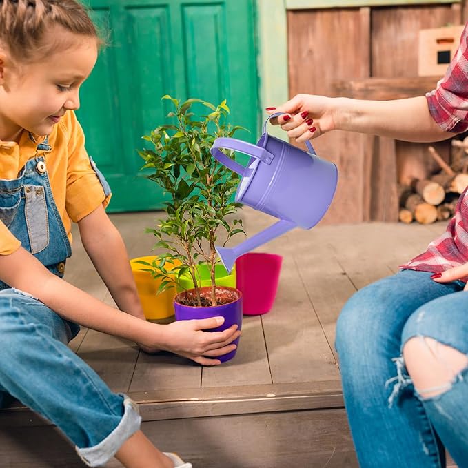 Small Metal Watering Can Set Pink 1.2L and 0.23L Garden Cans with Long Spout Indoor Outdoor Plant Care (Purple)