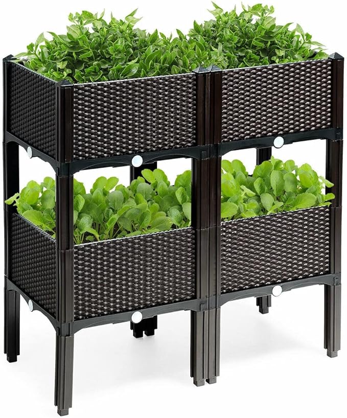 Set of 4 Raised Garden Beds w/Brackets Elevated Garden Bed Kit Patio Flower Plant Planter Box Container Indoor Outdoor Perfect for Porches Decks Balconies Yard Gardening Brown