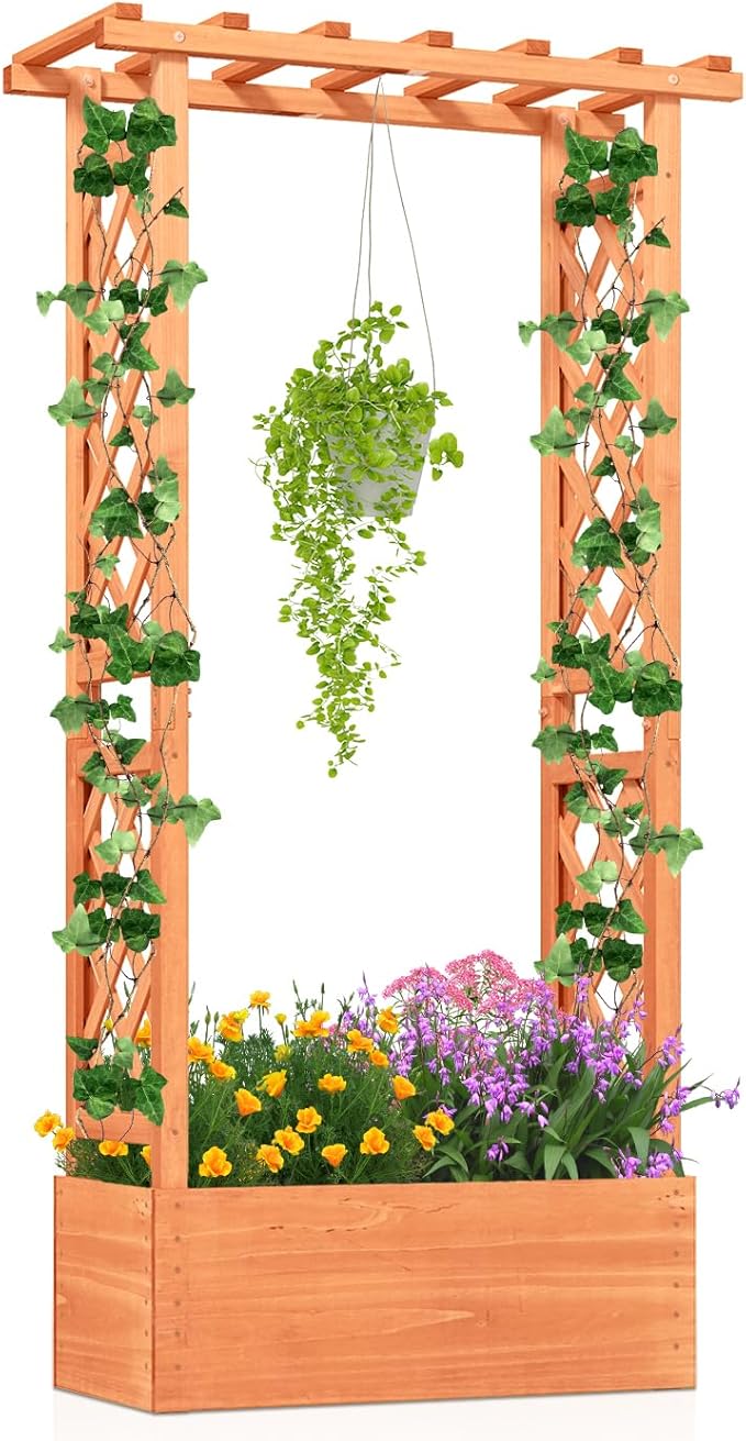 LDAILY Raised Garden Bed with Trellis Above Ground Garden Bed with Hanging Roof Side Trellis &amp Drainage Holes Planter Box for Outdoor Climbing Plants Vines Flowers (1 31 L x 14 W x 60 H)