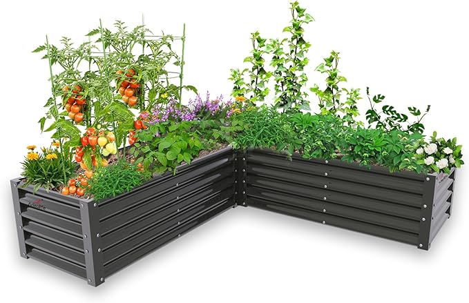 A ANLEOLIFE L-Shaped Galvanized Raised Garden Beds Outdoor74x74x18in Large Metal Planter Box for Planting Vegetables Flowers Herb Anti-Rust &amp Easy-Setup Quartz Grey