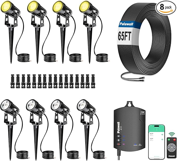 8-Pack Low Voltage Landscape Lighting Kit with WiFi 72W Transformer 3W LED Spotlights with 65ft Cable App and Voice Control 3000K Warm White 12-24V IP65 Outdoor Pathway Uplights