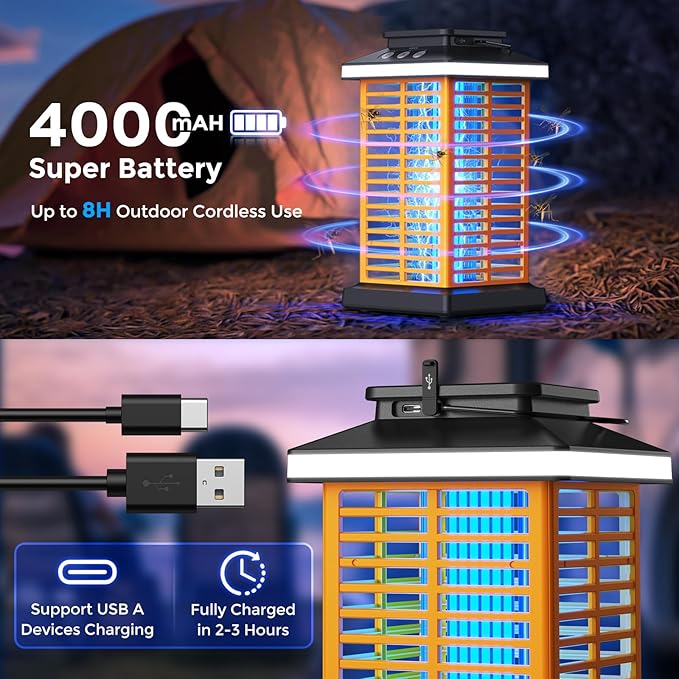 Bug Zapper Outdoor Mosquito Zapper 2 in 1 Portable &amp Rechargeable Bug Zapper Outdoor with 5000mAh Battery &amp LED Night Light 4000V Electric Fly Zapper for OutsidePatioBackyardGarden Yellow