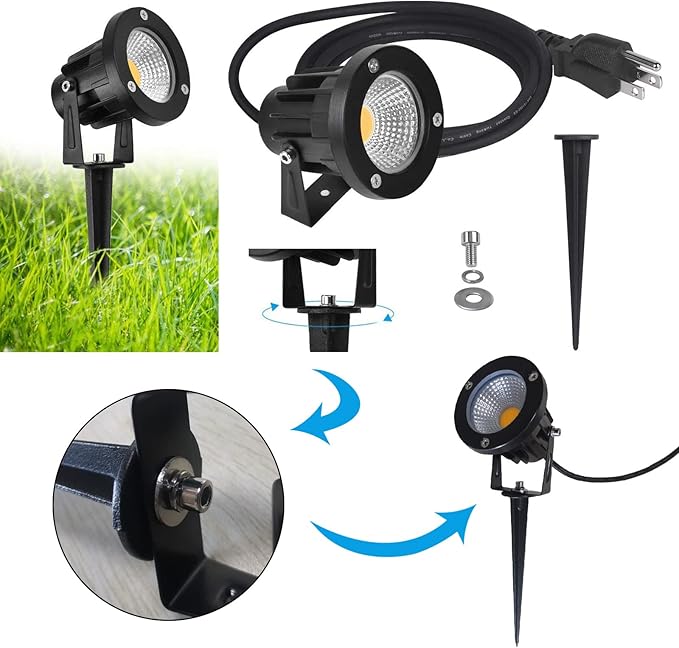 7W COB Landscape Lights Warm White 3000K Waterproof IP65 Spotlight with US Plug and 3M/9.84ft Rubber Wire Outdoor Pathway/Flag Lights with Stake for Garden Yard Lawn Decoration(2 Packs)