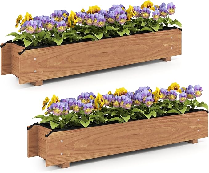 2 Pieces Wooden Raised Garden Bed with Drainage Holes Liner Rectangular Elevated Planter Box for Vegetable Flower Herb Succulent Indoor Outdoor Growing Bed for Backyard Patio Balcony