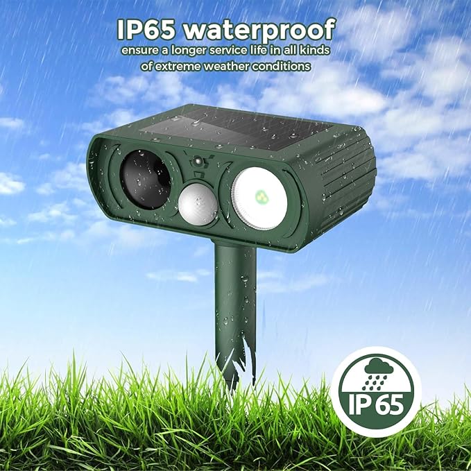Upgraded Solar Ultrasonic Animal Repellent Outdoor Deer Repellent Devices Squirrel Cat Raccoon Rabbit Dog Deterrent Keep Skunk Away Motion Detection with Flash Light for Yard Garden Lawn 1PACKGreen