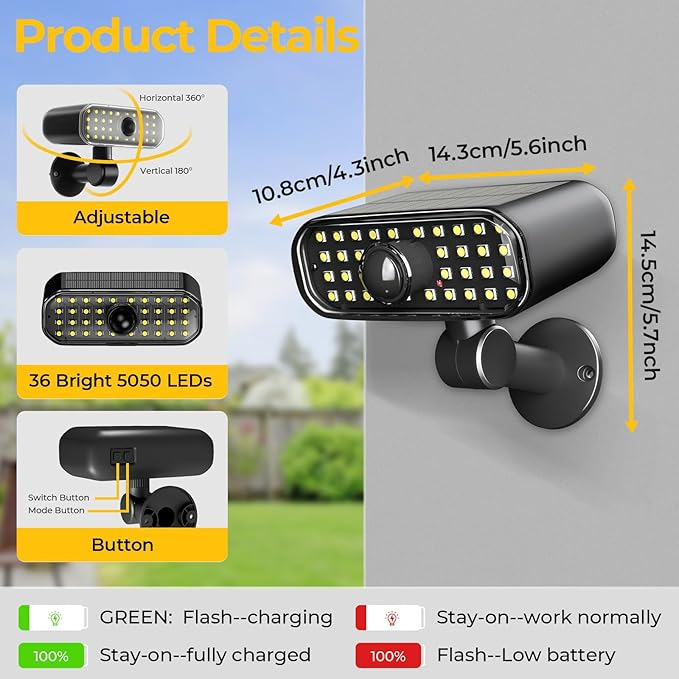 Solar Lights Outdoor 3 Modes Motion Sensor Wall Light Fixtures with Super Bright 5050 SMD LEDs / 180°Adjustable Security Lights Outdoor IP67 Waterproof for Garden Patio Yard 2 Pack