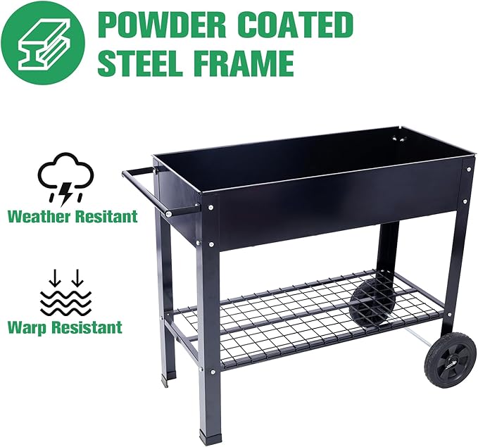 Elevated Mobile Raised Ergonomic Metal Planter Garden Bed for Backyard Patio w/Wheels Lower Shelf Black