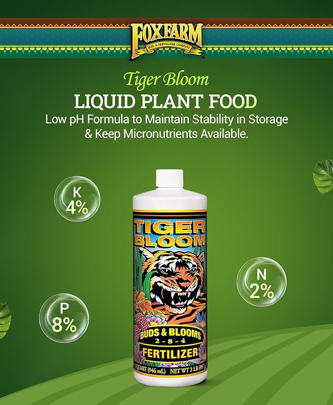 FoxFarm Tiger Bloom Liquid Plant Food - Phosphorus Fertilizer for Buds Blooms &amp Flowering - Supports Soil &amp Hydroponic Systems - High Micronutrient Formula with 2-8-4 Nutrient Ratio - 1 Quart