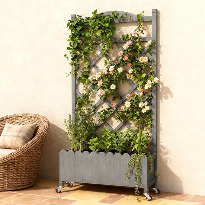 COMHOMA Raised Garden Bed with Trellis and Wheels48Inch Elevated Planter Box with Drainage HolesLattice Privacy Screen for Climbing Plants VegetablesOutdoor for Patio Balcony YardGray