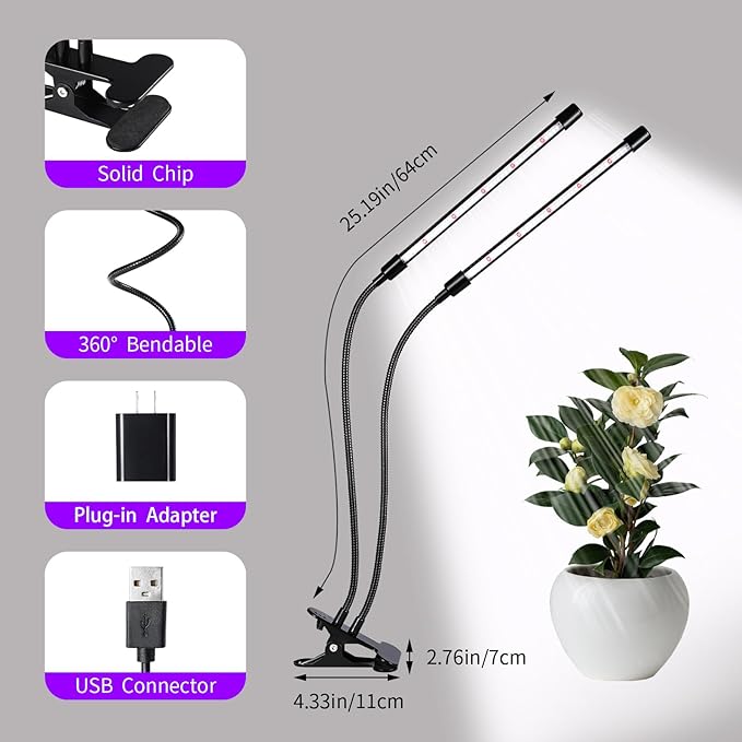Grow Lights Upgrade 168 LEDs Clip Plant Lights for Indoor Plants Full Spectrum White+ Red LED Plant Growing Lamps with Flexible Gooseneck 3/9/12H Timer 3 Spectral Modes 10 Dimmable Levels 2 Pack
