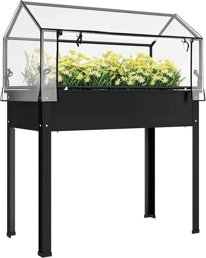 Outsunny Raised Garden Bed with Flip-Up Greenhouse Cover Elevated Planter Box with Legs and Drainage Hole for Vegetables Flowers Herbs 39.4 x 18.9 x 48.8 Black