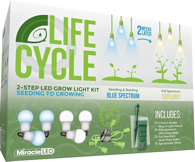 Miracle LED Plant Life Cycle 3-Socket Synchronized Grow Light Kit with 3 Blue Spectrum Ultra Grow Bulbs and 3 Full Spectrum Multi-Plant Bulbs and Sproutmatic All-Weather Timer Controls