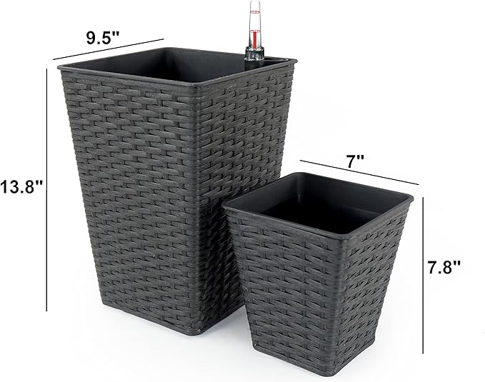 2 Pack Smart Self Watering Square Planter for Indoor and Outdoor Hand Woven Wicker Espresso