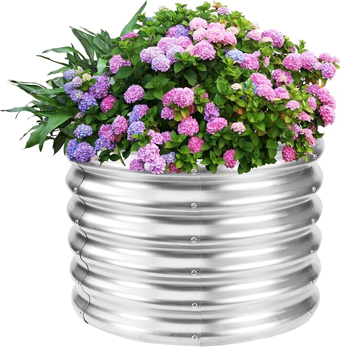 17 Tall Round Outdoor Garden Raised Garden Bed Kits-0.8MM Thick Metal Raised Planter Bed/Ground Planter Box for Variety of FlowersHerbsVegetablesTrees (Silver 24 Dia X 16.5 inches)