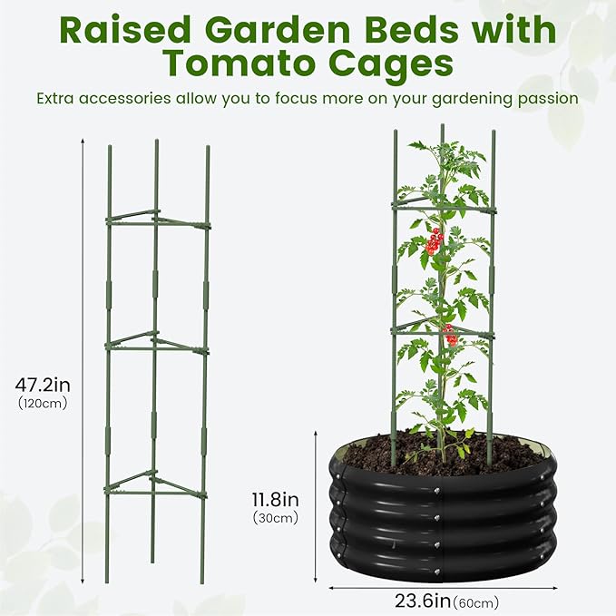 3 Pcs 2x2x1ft Round Galvanized Raised Garden Bed Kit with Tomato Cages Metal Planter Box Outdoor Raised Garden Beds for Gardening Vegetables Flowers Black