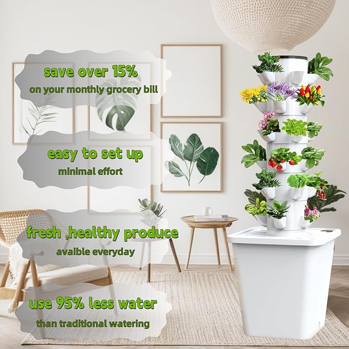 Tower Garden Hydroponic Growing System 25 Pods Vertical Garden Growing Rack Indoor Smart Garden Kit with Pump &amp Movable Tank Auto Timer White