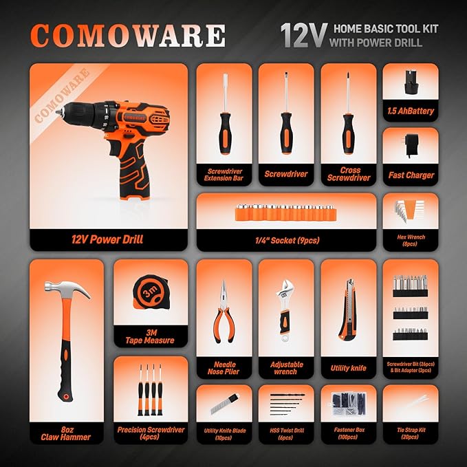 COMOWARE Household Tool Set with 12V Cordless Drill Driver Hand Tool Kit for Men Power Drill Set with Plastic Toolbox Ideal for Office Garden DIY Project Orange