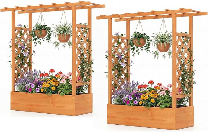 Raised Garden Bed with Trellis Wood Planter Box w/Trellis Hanging Roof Drainage Holes Freestanding Planter Raised Bed for Outdoor Climbing Plants Flowers Patio Yard Balcony (2 Orange)