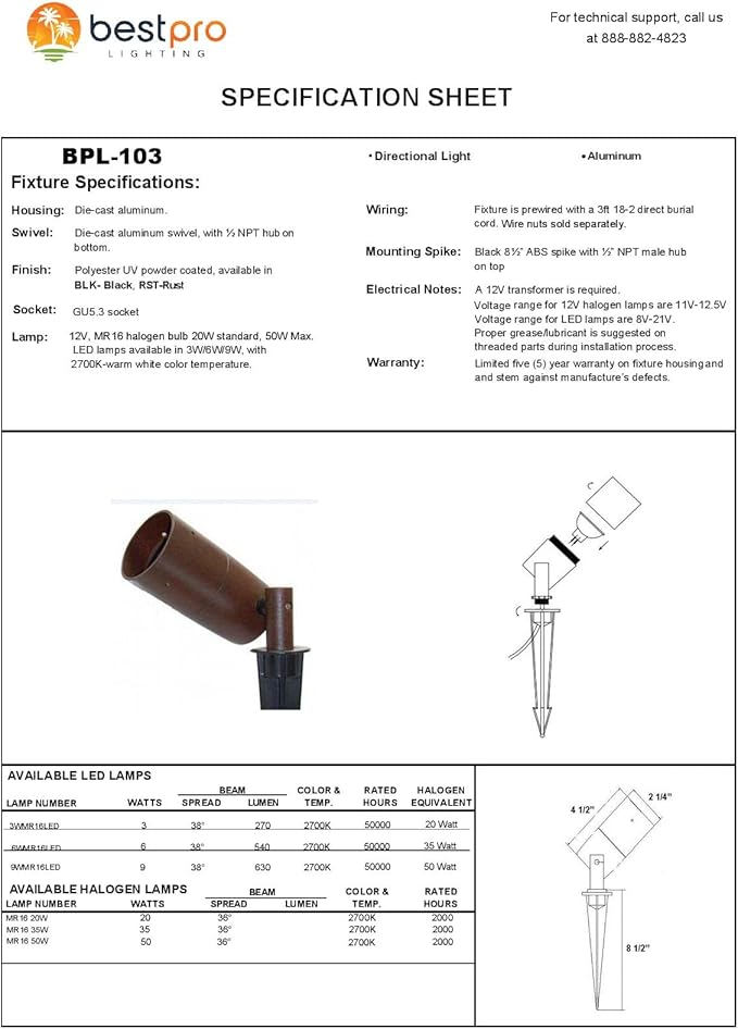 BestPro Lighting Pathway Ight 12V Landscape Lighting 3W LED Modern Bullet Light in Rust Finish (103LED)