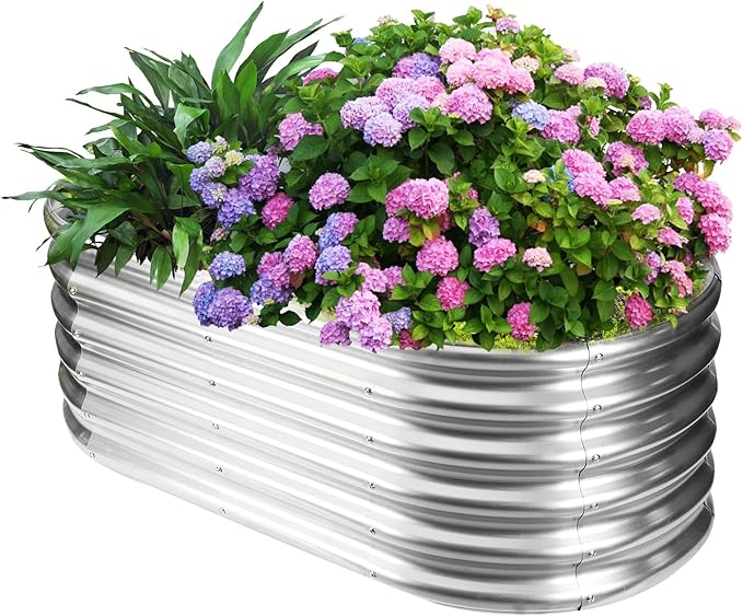 17 Tall Outdoor Garden Raised Garden Bed Kits 4ft X 2ft Oval0.8MM Thick Metal Raised Planter Bed/Ground Planter Box for Variety of FlowersHerbsVegetables (Silver 48X24X16.5 Inches)