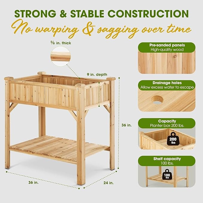 Idzo Raised Garden Bed with Legs Durable Elevated Garden Box with Wax Oil Coated 36x36x24in Wood Planter with Big Planter Box Load Up to 200 Pounds Ergonomic Height for Convenient Plants Care