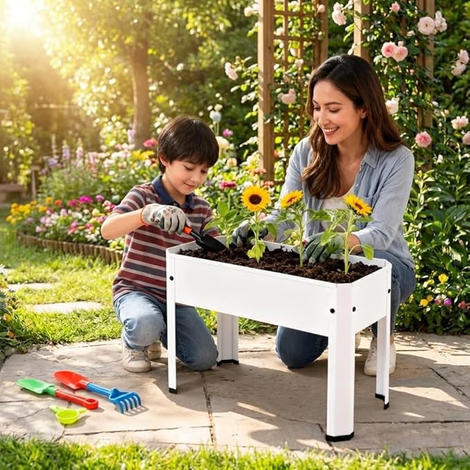 Raised Garden Bed with Legs 24×10.8×18 in Metal Elevated Raised Planter Box with Drainage Holes for Backyard Patio Balcony 80 lb Capacity - White