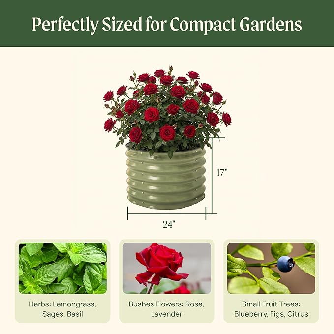 17 Tall Herb Raised Garden Bed for Basil Lavender Sages 24 Wide Round Fruit Tomato Planter Box for Gardening Blueberries Figs Flower Metal Pot Container for Rose Twin Pack Modern Gray