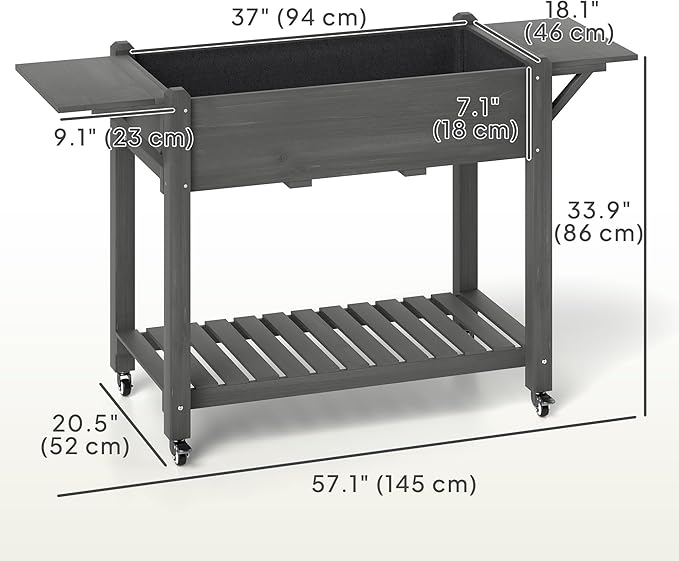 Outsunny Raised Garden Bed 57 x 20.5 x 34 in Wood Elevated Planter Box with Lockable Wheels Side Tables and Bottom Shelf Outdoor Raised Planter with Bed Liner and Drainage Holes Gray
