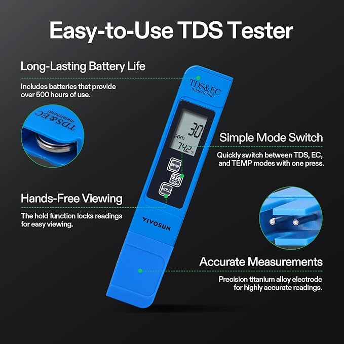 VIVOSUN DWC Hydroponic Growing System 5-Gallon Deep Water Culture with Digital pH and TDS Meter Kits 0.01pH High Accuracy Pen Type pH Meter ± 2% Readout Accuracy 3-in-1 TDS EC for Hydroponics Pool