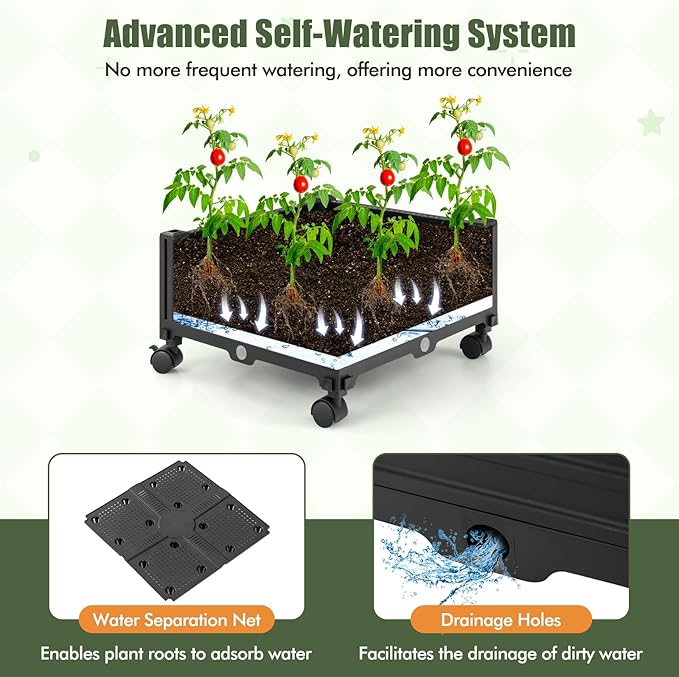 Giantex Set of 2 Rolling Raised Garden Bed with Climbing Trellis Obelisk &amp Bird Top 11 Fasten Straps Gloves Planter Garden Boxes on Wheels Self-Watering System PE-Coated Metal Rack