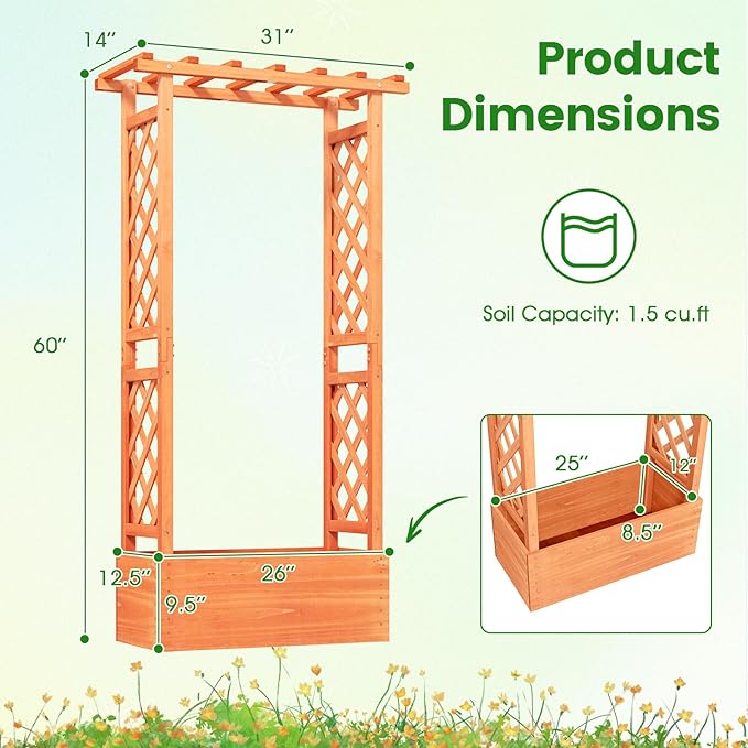 IRONMAX Raised Garden Bed with Trellis &amp Hanging Roof Fir Wood Planter Box for Vegetables Flower Climbing Plants Outdoor Garden Planter w/Drainage Holes for Backyard (2 31” x 14” x 60”)