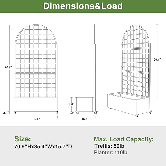 Casaphoria Metal Raised Garden Bed with Trellis and Wheels 72x35x16 Arched Planter Box for Climbing Plants Vegetables &amp Vines Features Drainage Holes and Privacy Screen White-Grid