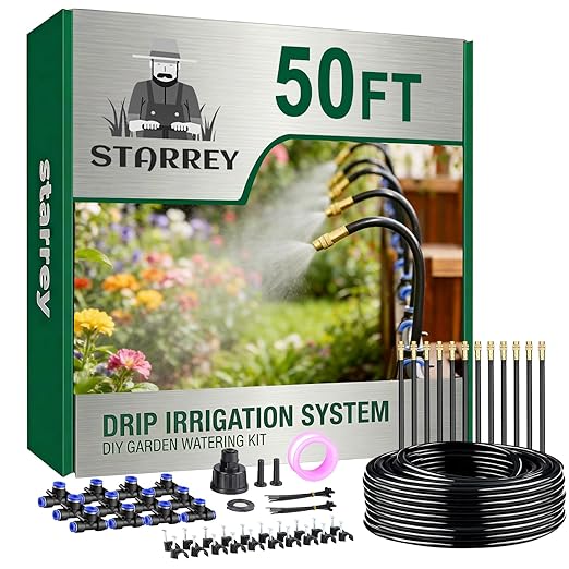 Drip Irrigation System 2026-Upgrade 50Ft 1/4 Garden Watering System with 12 Pcs 360° Adjustable Copper Nozzles DIY Kit for Garden Lawn Greenhouse Raised Beds &amp Outdoor Plants