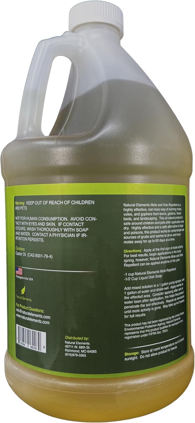 Natural Elements Mole and Vole Repellent – 100% Castor Oil Formula – Lawn and Yard Treatment – Covers Large Areas – 128 oz (1 Gallon)