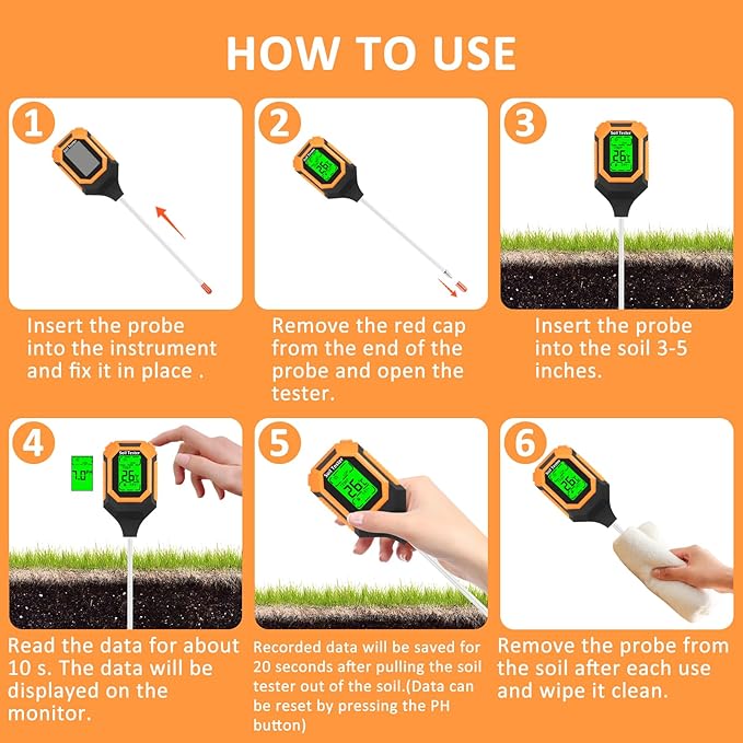 4-in-1 Soil Moisture Meter Digital PH Meter/Soil Moisture/Plant Temperature/Sunlight Intensity Backlight LCD Display Soil Test Meter for Garden Lawn Plant Care Farm and Indoor Outdoor Plants