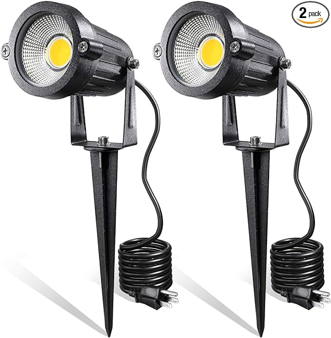 LED Landscape Lights5W 120V AC Outdoor Pathway Garden Yard SpotlightIP65 Waterproof Garden Flood LightOutdoor Spotlight with StakeUL Cord 5-ft with Plug (Pack of 2 Warm White)