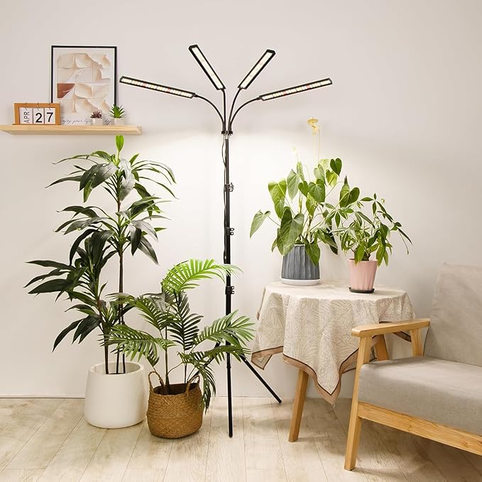 FOXGARDEN Grow Lights for Indoor Plants Full Spectrum with Tripod Stand Tall Grow Lights for Indoor Growing with Flexible Gooseneck Four-Head Plant Light with 4/8/12H Timer &amp 4 Brightness Levels