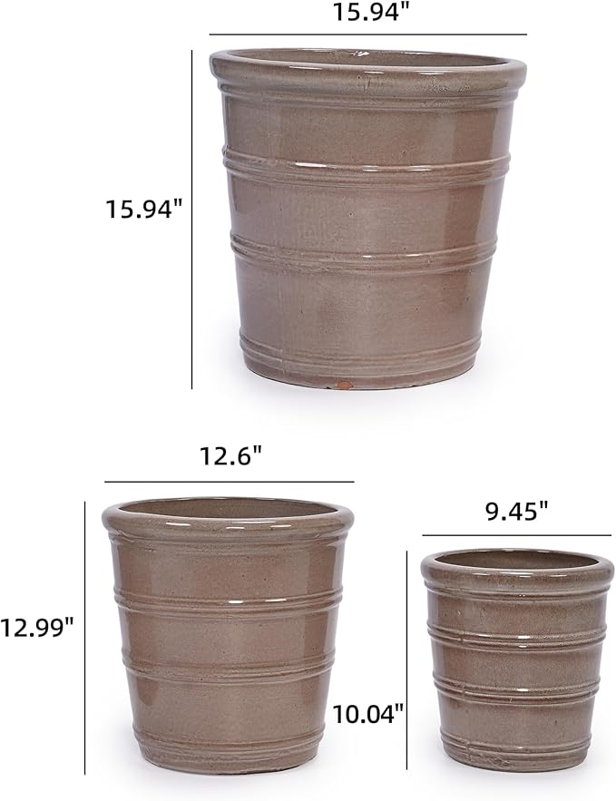 Handmade Ceramic Planter Set of 3 161310 Diameter Taupe with Horizontal Rings for Succulents Herbs IndoorOutdoor Use on Windowsill Shelf Breathable Clay
