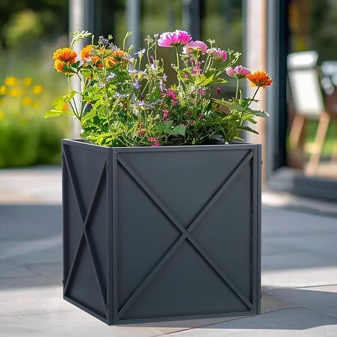 SUNNYPARK Large Metal Planter Box 17”x 17”x 18” Square Modern Grey Metal Planter Box Heavy Duty with Drainage Holes for Outdoor Garden Patio