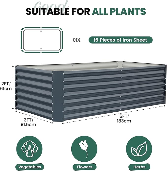 G GOOD GAIN 6x3x2 ft Galvanized Raised Garden Bed Kit Large Metal Planter Box Outdoor for Vegetables Flowers Herbs 24 Tall 269 Gallon Capacity Deep Root Design Grey