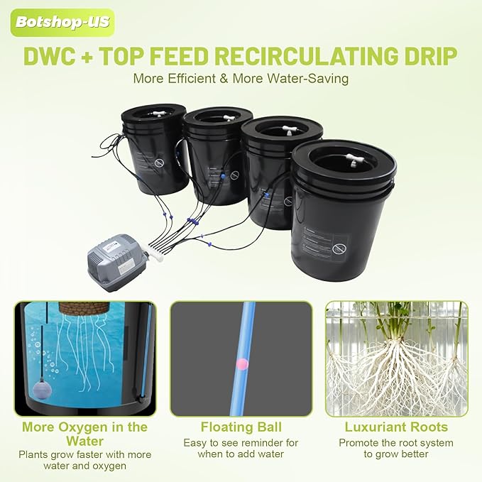DWC Hydroponics Grow System with Top Drip Kit 5-Gallon 4 Buckets Deep Water Culture Recirculating Drip Garden System with Air Pump Hose Air Stone (4 Buckets + Top Drip Kit)