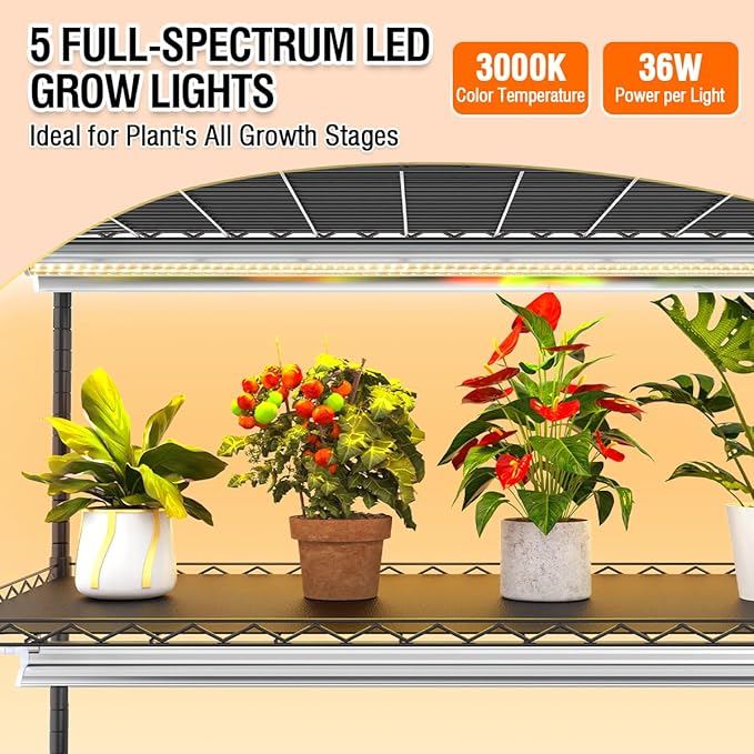 5 Tier Metal Plant Stand with Grow Light &amp PVC Cover Portable Mini Greenhouse with Shelves Adjustable Small Indoor Green House with Grow Light for Indoor Plants Seedling Rack 49x21.6x79