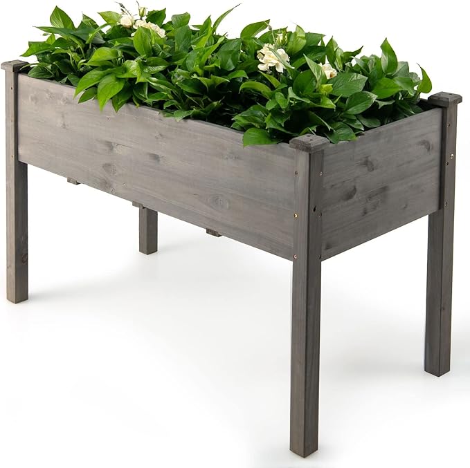 COSTWAY Raised Garden Bed Elevated Wood Planter Box Stand with Legs for Vegetables Flowers &amp Herbs Standing Growing Bed for Backyard Patio Balcony 48”L x 22”W x 30”H (Gray)