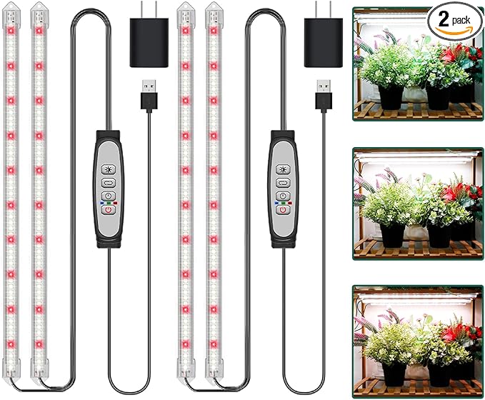 2-Bar Grow Light Strips for Indoor Plants 16 Full Spectrum Plant Lights 6500K Sunlike Grow Lights with 6/12/18H Timer 5-Level Dimmable for Indoor Growing (2 Pack)