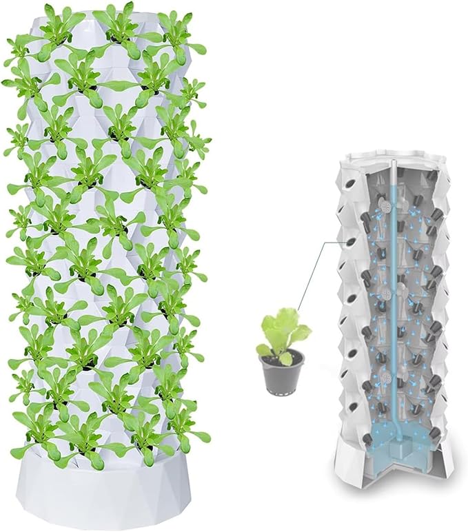 Indoor Garden Hydroponics Growing System 48/64/80 Pots Hydroponics Tower Set DIY Hydroponics Farm Equipment Aeroponic for Indoor Herbs Fruits and Vegetables8Layers