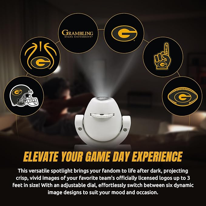Sporticulture NCAA American Football Grambling - Adjustable Led Mini Spotlight Projector with 6 Team Logo Designs - Portable &amp Rechargeable Spotlight - Battery-Operated - 4.375” x 3.125”